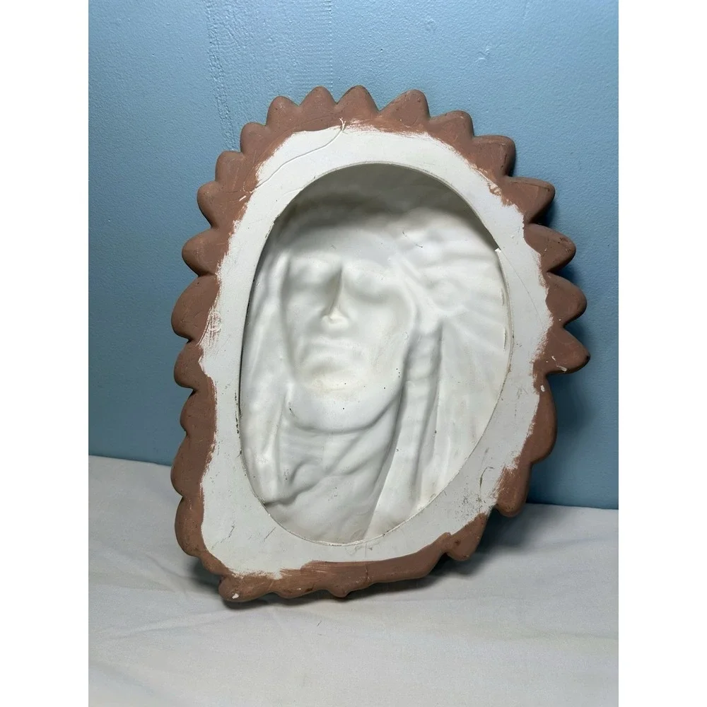 Vintage Native American Indian Plaque Ceramic Art Hand Painted Chief Chipped